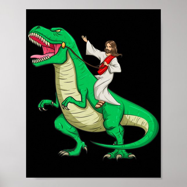 Póster Jesús montando Dinosaurio Funny Parodia Tyrannosau (Frente)