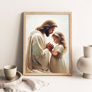 Póster Jesús orando con niña, pintura cristiana, Jesús