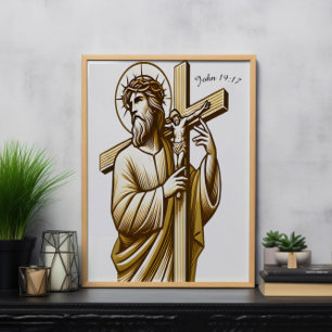 Póster Jesús portando cruz de oro en devoción