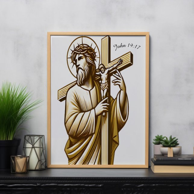 Póster Jesús portando cruz de oro en devoción (Subido por el creador)