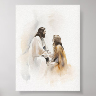 Póster Jesús rezando con la imagen de la acuarela femenin