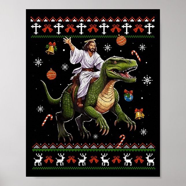 Póster Jesus Riding Dinosaur Funny Meme Ugly Christmas Sw (Frente)