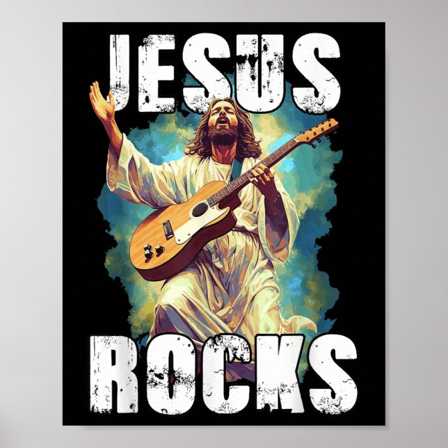 Póster Jesús roca con guitarra - Divertido cristiano roca (Frente)