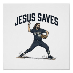 Póster Jesús salva al lanzador de béisbol Grabado vintage
