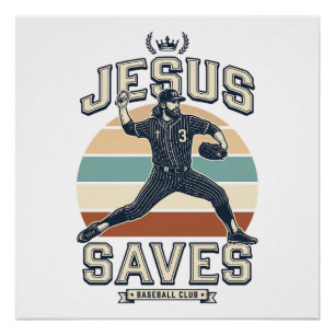 Póster Jesús salva béisbol vintage diseño vectorial crist