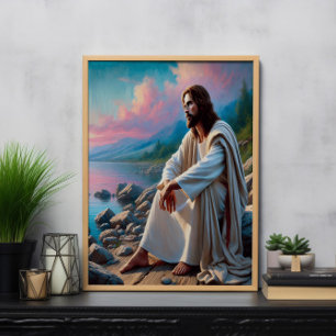 Póster Jesús salvador tranquilo en reflexión divina