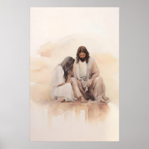 Póster Jesús Sana a la Mujer Hemorrágica Acuarela Biblia