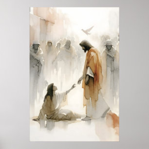 Póster Jesús Sana a la Mujer Milagro Bíblico de Acuarela