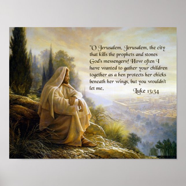 Póster Jesús se lamenta por Jerusalén. Lucas 13:34 (Frente)