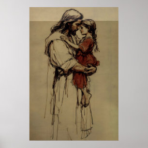 Póster Jesús sosteniendo a un niño Boceto cristiano minim