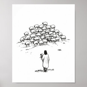 Póster Jesús sosteniendo la oveja perdida entre el rebaño