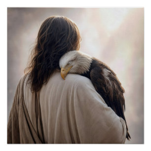 Póster Jesús sosteniendo un águila calva enferma