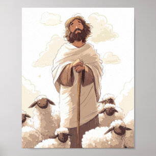 Póster Jesús sosteniendo un cayado de pastor rodeado de c