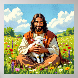 Póster Jesús sosteniendo un Cordero Pascua Religiosa