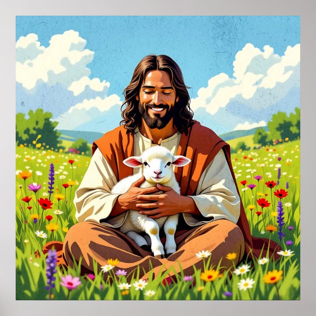 Póster Jesús sosteniendo un Cordero | Pascua Religiosa (Frente)