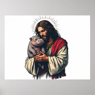 Póster Jesús sostiene a un bebé Moo Deng Hippo