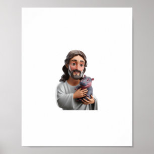Póster Jesús Sostiene Moo Deng_ Art Mezclando La Fe De La