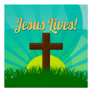 Póster Jesús vive azul/cruz cristiana de Brown Pascua