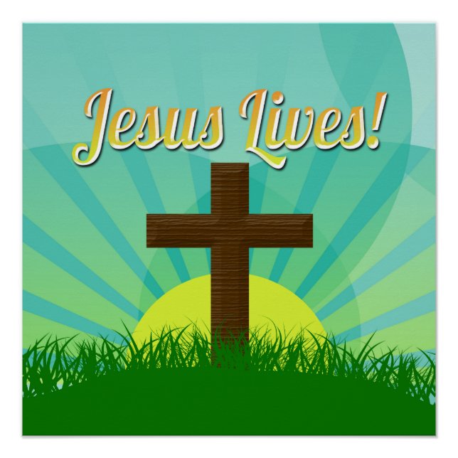 Póster Jesús vive la Cruz Cristiana Azul/Marrón de Pascua (Anverso)