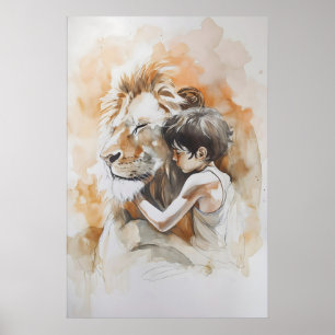Póster Jesús y el León Acuarela Minimalista Cristiana