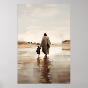 Póster Jesús y la niña Escena bíblica de acuarela