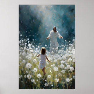 Póster Jesús y niña en campo de dientes de león