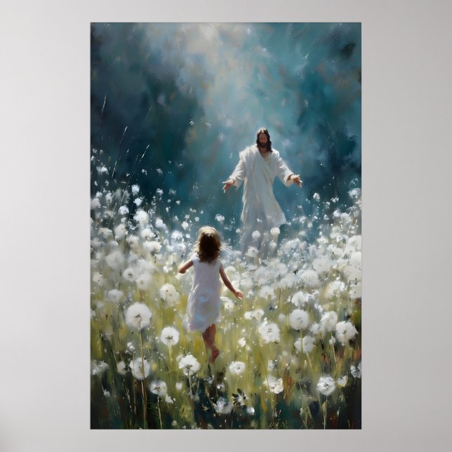 Póster Jesús y niña en campo de dientes de león (Frente)