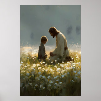 Póster Jesús y Niño en Campo de Flores Silvestres Impresi
