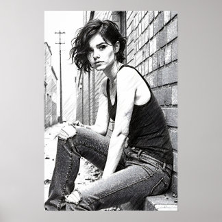 Póster Jeune femme grunge dans les brumes 