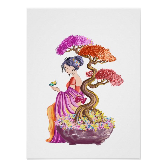 Póster Jeune fille et son arbre japonnais géant. (Anverso)