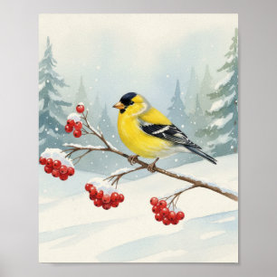 Póster Jilguero de acuarela dulce sobre baya nevada