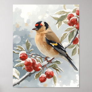 Póster Jilguero de acuarela elegante con rojo helado