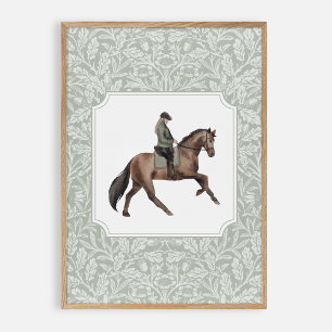 Póster Jinete acuarela sobre un caballo marrón, cosecha