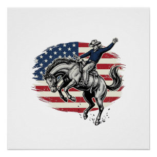 Póster Jinete de caballo vaquero patriótico de rodeo vint