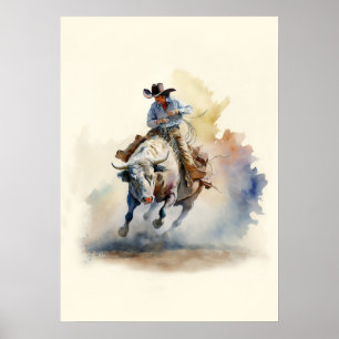 Póster Jinete de Toro de Rodeo en Acuarela del Oeste Polv