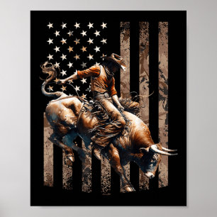 Póster Jinete de Toro de Rodeo Patriota Vaquero Bandera d