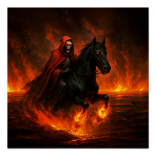 Póster Jinete Nocturno Aterrador en Semental Negro