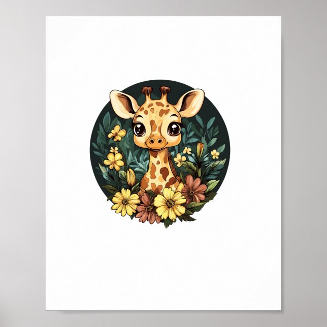 Póster Jirafa Adorable Rodeada de Flores  _4 (Frente)