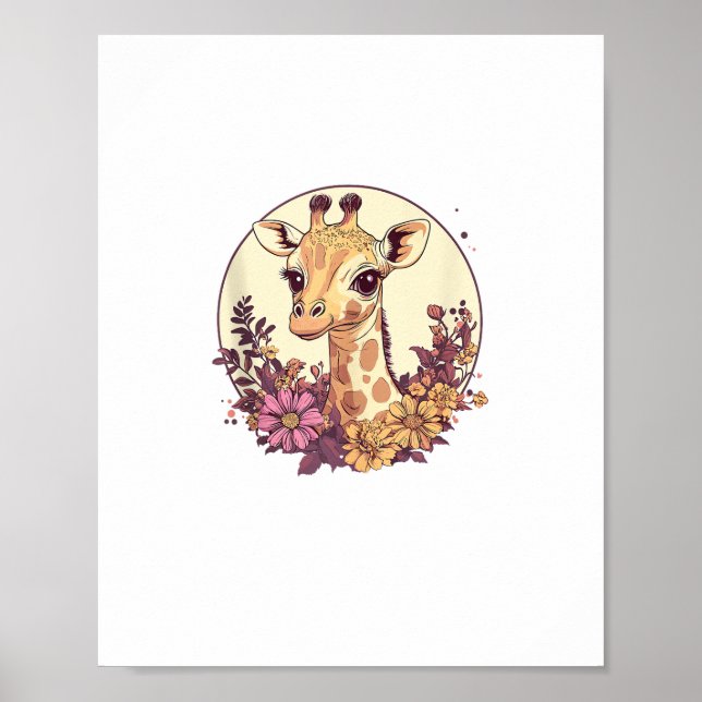 Póster Jirafa Adorable Rodeada De Flores _7 (Frente)