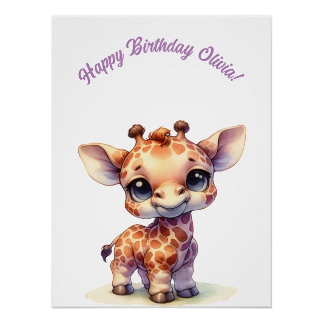 Póster Jirafa bebé adorable acuarela (Anverso)