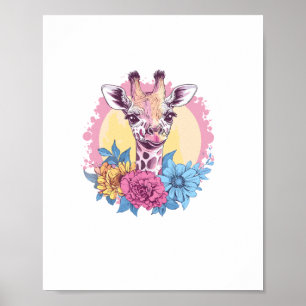 Póster Jirafa con fondo floral colorido  