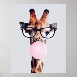 Póster Jirafa con gafas soplando chicle rosa