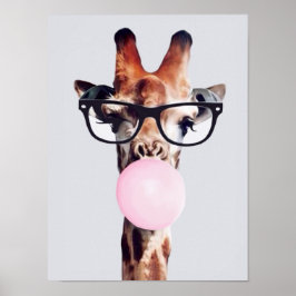 Póster JIRAFA CON GAFAS SOplando CHICLE ROSA