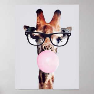 Póster Jirafa con gafas soplando chicle rosa