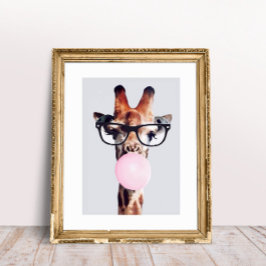 Póster JIRAFA CON GAFAS SOplando CHICLE ROSA 