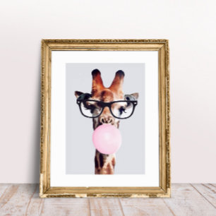 Póster JIRAFA CON GAFAS SOplando CHICLE ROSA