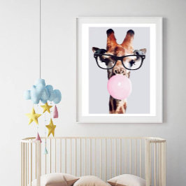 Póster JIRAFA CON GAFAS SOplando CHICLE ROSA
