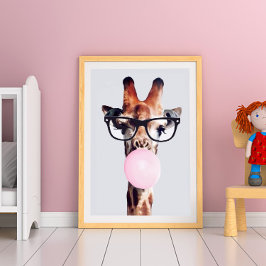 Póster JIRAFA CON GAFAS SOplando UNA BURBUJA DE CHICLE RO