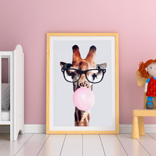 Póster JIRAFA CON GAFAS SOplando UNA BURBUJA DE CHICLE RO