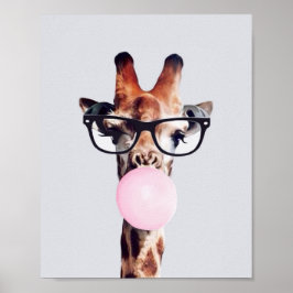 Póster JIRAFA CON GAFAS SOplando UNA CHICLE ROSA